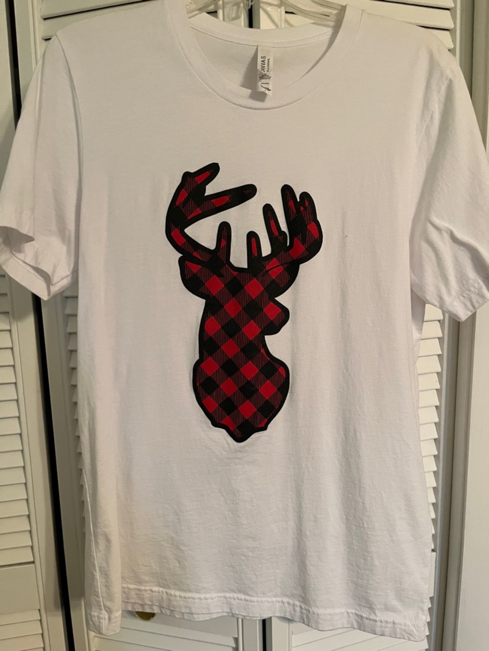 Bella Canvas White Tee with Red & Black Buffalo Plaid Deer Graphic